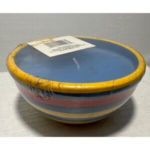 Hand-Painted Striped Ceramic Bowl Candle With Blue Wax 3" Height